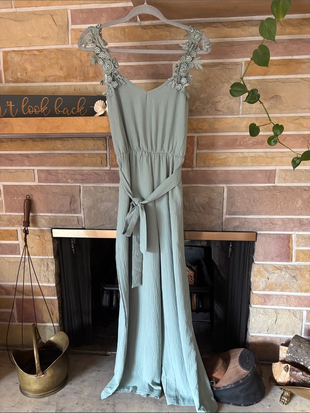 Light Sage Green Floral Strap Wide Leg Jumpsuit With Waist Tie size S